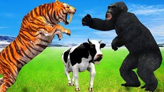 Giant Gorilla Fight Tiger Attack Cow Cartoon Saved By Elephant Mammoth Animal Fights