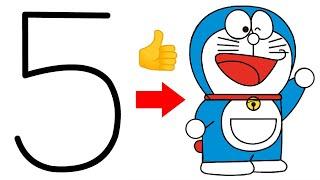 Turn number 5 into Doraemon cartoon drawing easy - How to draw doraemon cartoon outline easy method