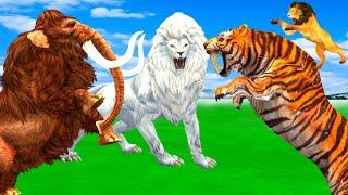 Mammoth Elephant Cow vs Giant Lion vs Zombie Dinosaur Fight Buffalo Elephant Saved by Woolly Mammoth