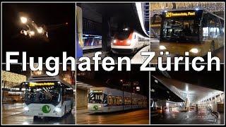 Nachts am Flughafen Zürich Kloten Schweiz / LSZH, ZRH / Bus, Bahn, Tram & Flugzeuge