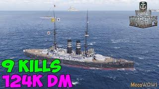 World of WarShips | Mikasa | 9 KILLS | 124K Damage - Replay Gameplay 4K 60 fps