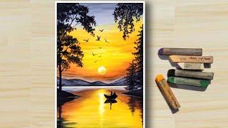 ️ Easy Way To Draw SUNSET Scenery (step by step) / Soft Pastel Drawing