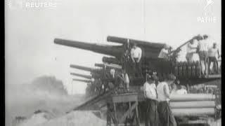 ARMED FORCES: Military exercise involving giant guns mounted on railway cars (1929)