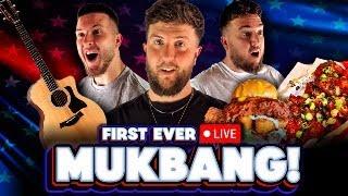 Brits Try American Buffalo Sandwich & Chilli Tots - LIVE MUKBANG!