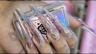 123go 5xl stiletto and rose gold hologram foil Long Nails - Max Estrada