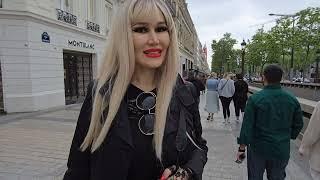 4k Granate styling, walking in public, sightseeing #Paris Arc de Triomphe, Champs Elysees, stockings