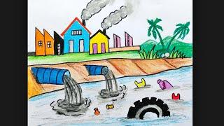 How to draw water pollution | Stop water pollution poster drawing | Air pollution drawing easy