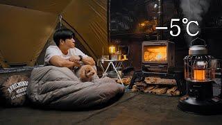 -5℃ Hot Tent Camping with My Dog . Korean Kimchi Jjigae . Wood Stove ASMR