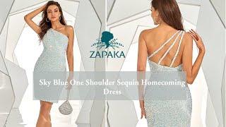 Sky Blue One Shoulder Sequin Homecoming Dress | ZAPAKA