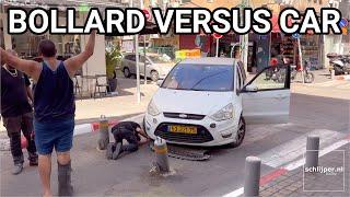 Car crashed on bollard in Florentin St, Tel Aviv