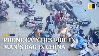 Phone catches fire in man’s bag in China