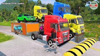 Double Flatbed Trailer Truck vs speed bumps|Busses vs speed bumps|Beamng Drive|1150
