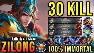 30 Kills + 3x MANIAC!! Zilong Best Build 100% IMMORTAL!! - Build Top 1 Global Zilong ~ MLBB