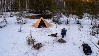 Hot Tent Camping With My Dog In Canvas Tent | Cooking Dutch Oven Pizzas