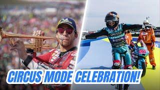 Enea Bastianini and Moto 3 David Alonso doing a CIRCUS CELEBRATION after winning San Marino GP