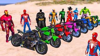 SPIDERMAN vs SUPERHEROES RACING MOTORBIKES JUMP OVER Challenge on CITY MEGA RAMP ! HULK Beach RACING