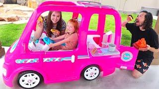 BARBIE DREAM CAMPER!! Adley Pretend Play with her first Power Wheels (backyard adventure routine)