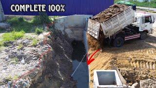 Complete filling the Pit By KOMATSU Bulldozer DumpTrucks Unloading Rock on Concrete Drainage Pipes