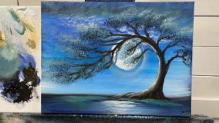 How To Paint Moonlight Over The Pond / Step By Step tutorial For Beginners ~ Acrylic