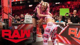 Alexa Bliss hits a pair of DDTs on Bianca Belair on the steel ring steps on Raw