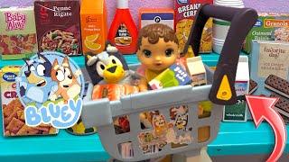 Baby alive doll goes grocery shopping in NEW Bluey shopping cart 