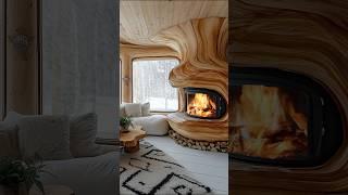 Cozy wooden cabin with fireplace, white sofa, and snowy forest view.