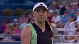 Jelena Ostapenko gives Elena Rybakina's team a staredown, a few moments later Anna Rybakina responds