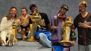 SGA and OKC take photos with their family and NBA Finals trophy after winning Championship