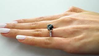 Round Cut Black Diamond Engagement Ring with White Diamond Accents in White Gold (MVSB0007-W)