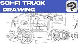 Mech Drawing, troop carrier truck clip studio paint