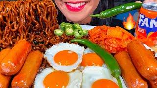 ASMR BLACK BEAN NOODLES, CHICKEN SAUSAGES, EGGS, KIMCHI, SEAWEED MASSIVE Eating Sounds