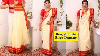 Traditional Bengali Saree Draping Tutorial For Durga Pujo| बंगाली साड़ी पहनने का आसान तरीक़ा