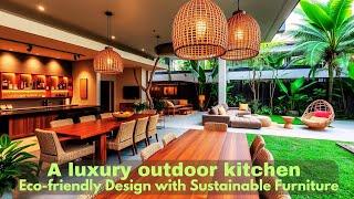 A luxury outdoor kitchen and dining ideas with eco-friendly sustainable furniture designs