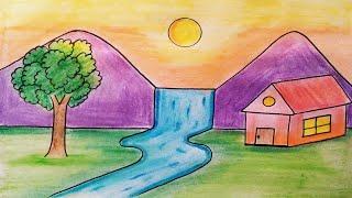 Easy landscape drawing for kids and beginners|Learn house and nature simple painting