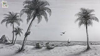 How to draw beach with palm trees seagulls birds and boats on shore | Seascape art