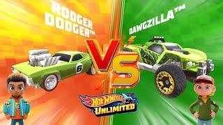 Hot Wheels Unlimited Stunt Tracks Let's Race, Rodger Dodger Vs Dawgzilla In World Tracks