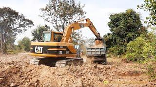 Best Driver Excavator CATERPILLAR E120B and CAT 312 Excavator Digging Dirt to Dump Trucks Unloading