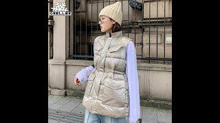 Greller 2020 autumn winter women solid loose vest drawstring stand collar jacket cotton padded warm