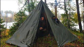 Hot Tent Camping in the Rain - Catch and Cook