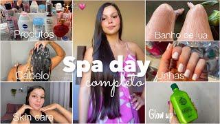 SPA DAY COMPLETO ‍️🪞| GLOW UP EM CASA, cabelo, fiz as unhas, banho de lua…