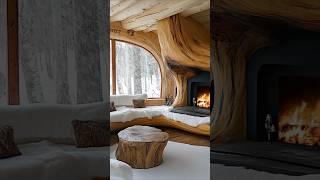Cozy winter cabin with a stunning natural wood fireplace and snowy forest views. 