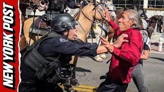 Shocking moment mounted LAPD officer hits grey-haired man with a baton