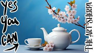 Teapot cherry blossom Still life  How to Draw and Paint tutorial for Beginners #art #painting