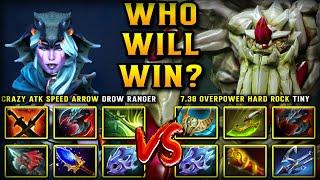 WHO WILL WIN? | Crazy Attack Speed Arrow Drow Ranger Vs. 7.38 Overpower Hard Rock Tiny | 7.38b DOTA2