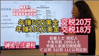 中文分享神級合法避稅：自雇主，房產經紀人，保險經紀人，卡車司機，拿1099表報稅人士，外國人在美國買房賣房如何避稅；C公司，S公司和LLC公司哪個最適合你？