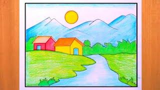 Scenery Drawing  And  Painting || Very Easy to Draw || landscape drawing || Easy drawing