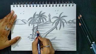 Sea Beach Scenery With Pencil Sketch || Pencil Drawing || Landscape || Pencil Art || Eshas Arts