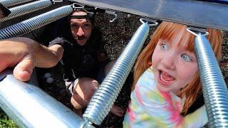 ADLEY under the TRAMPOLiNE!! Backyard Water Park, Sand Cupcake Restaurant, and Rain Rescue Mission