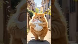 Brown cat save the child from wolf  #funny #babaycute #cat #wolf#care#catcare#watermelon #shower