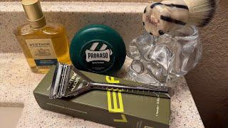 Leaf Shave 3-Blade Razor revisited, Stetson Cooling Moisture Aftershave, Pearl Brush & Proraso.